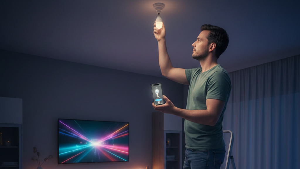 Obraz przedstawia nowoczesny salon w scenerii wieczornej, co podkreśla działanie nowego inteligentnego oświetlenia