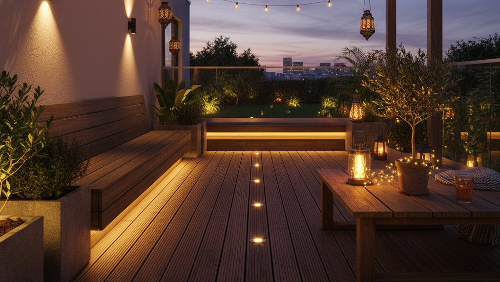 Obraz pokazujący taras w nastrojowym oświetleniu nocnym, ukazujący go jako eleganckie i przytulne przedłużenie salonu