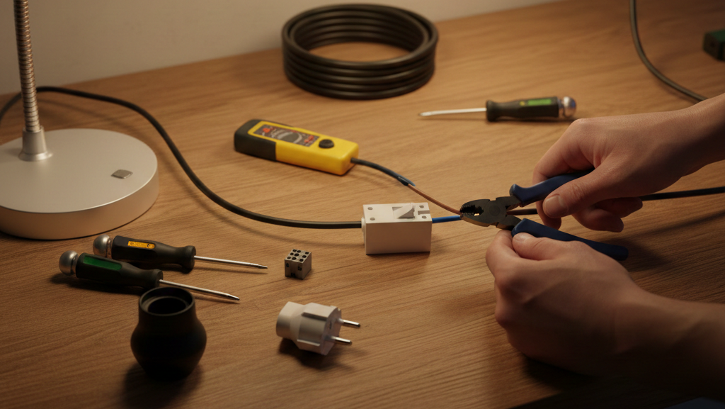 Obraz pokazujący realistyczną scenę na drewnianym blacie, gdzie odbywa się montaż włącznika przelotowego do przewodu elektrycznego