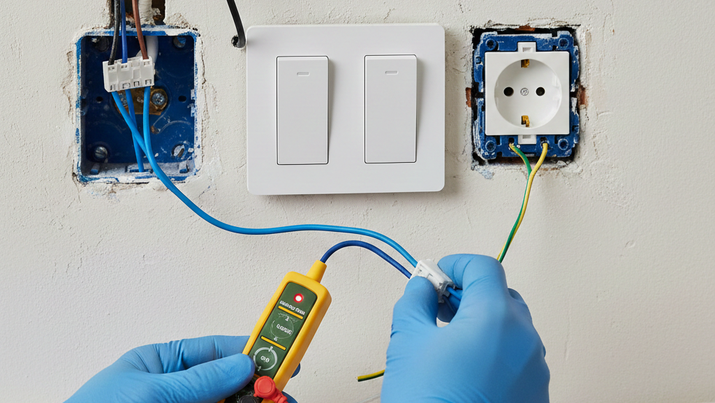 Obraz pokazujący bliski kadr osoby w niebieskich rękawicach ochronnych, wykonującej prace przy instalacji elektrycznej w ścianie