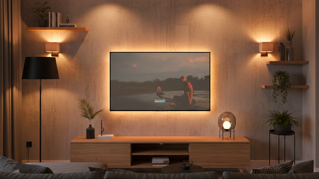 Obraz pokazujący nowoczesny, przytulny salon utrzymany w ciemnej kolorystyce, skupiający się na strefie telewizyjnej, która została kompleksowo oświetlona