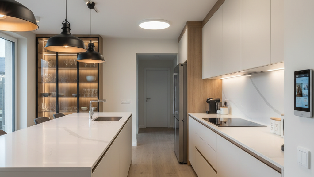 Na obrazie widoczna jest nowoczesna kuchnia utrzymana w jasnej kolorystyce, z dominującymi białymi szafkami i blatami oraz drewnianymi akcentami