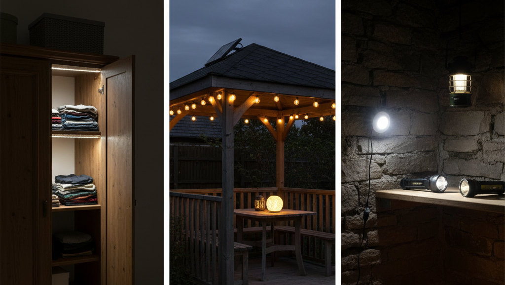 Obraz to kolaż trzech pionowych zdjęć, przedstawiających różne rozwiązania oświetleniowe w miejscach bez dostępu do prądu