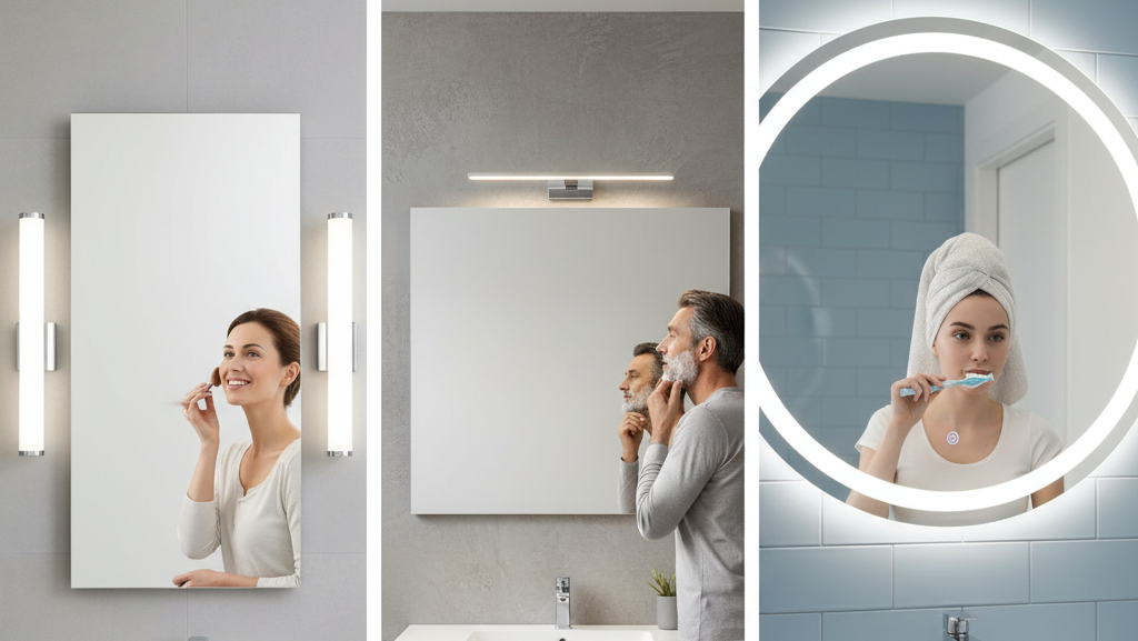 Obraz składa się z trzech pionowych paneli, z których każdy przedstawia inną aranżację łazienki z oświetleniem nad lustrem