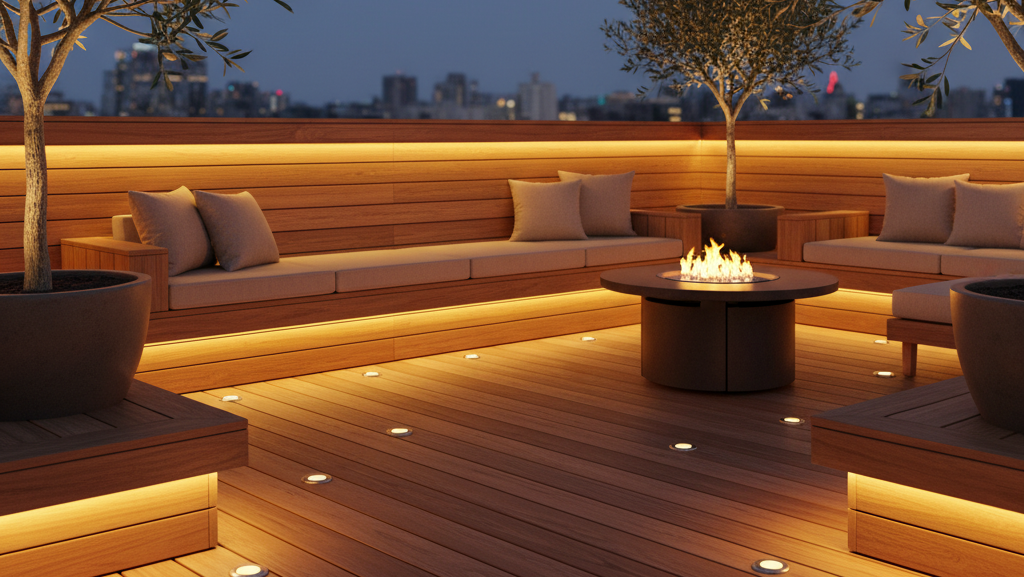 Obraz pokazujący oświetlenie drewnianego tarasu