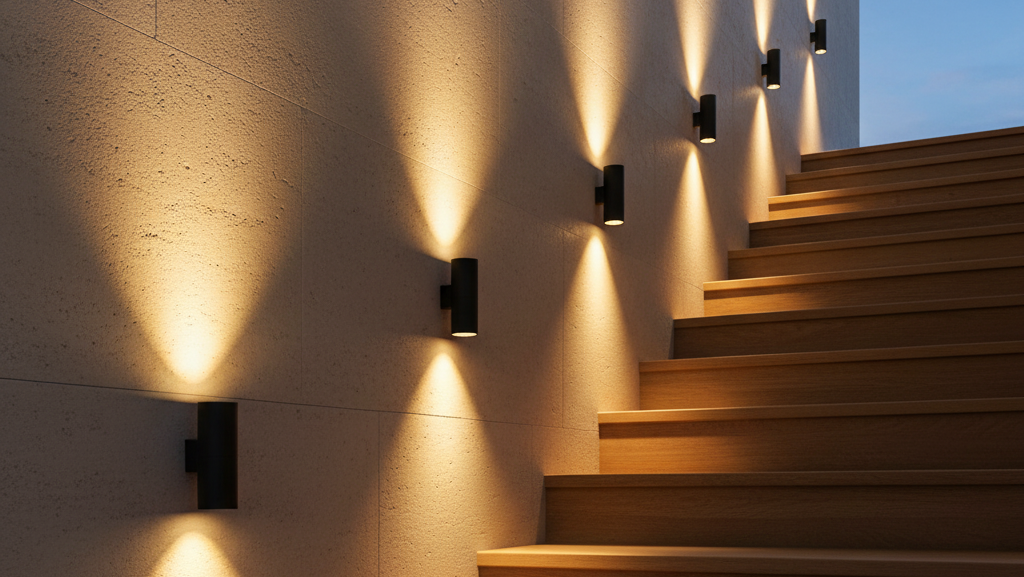 Obraz pokazujący klatkę schodową z oświetleniem bocznym w postaci kinkietów