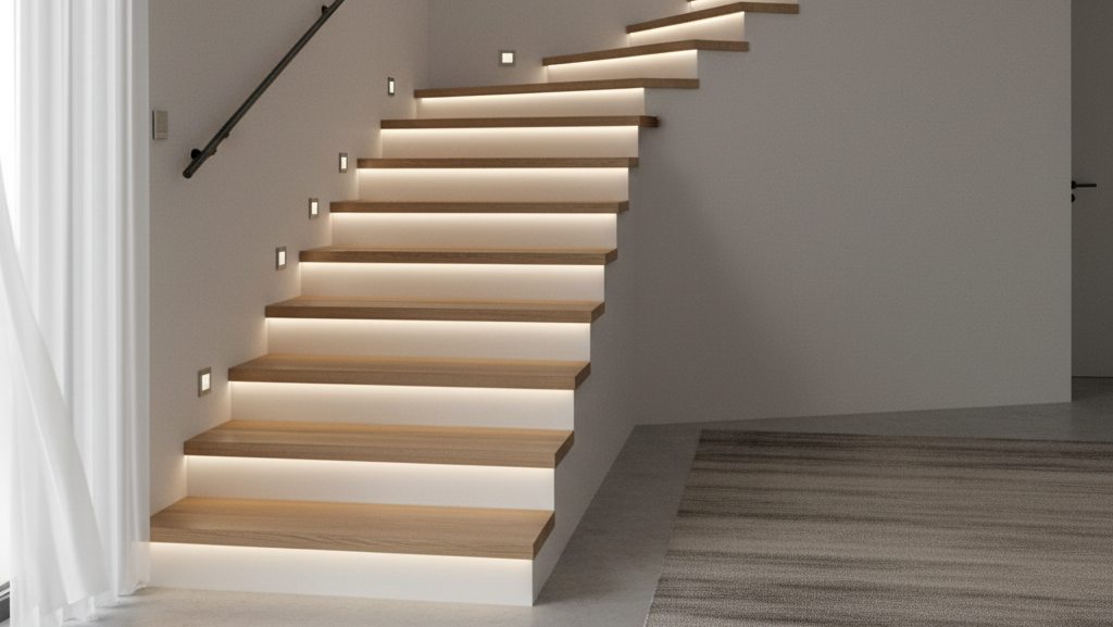 Obraz pokazujący nowoczesne schody w minimalistycznym wnętrzu, oświetlone w sposób funkcjonalny i estetyczny